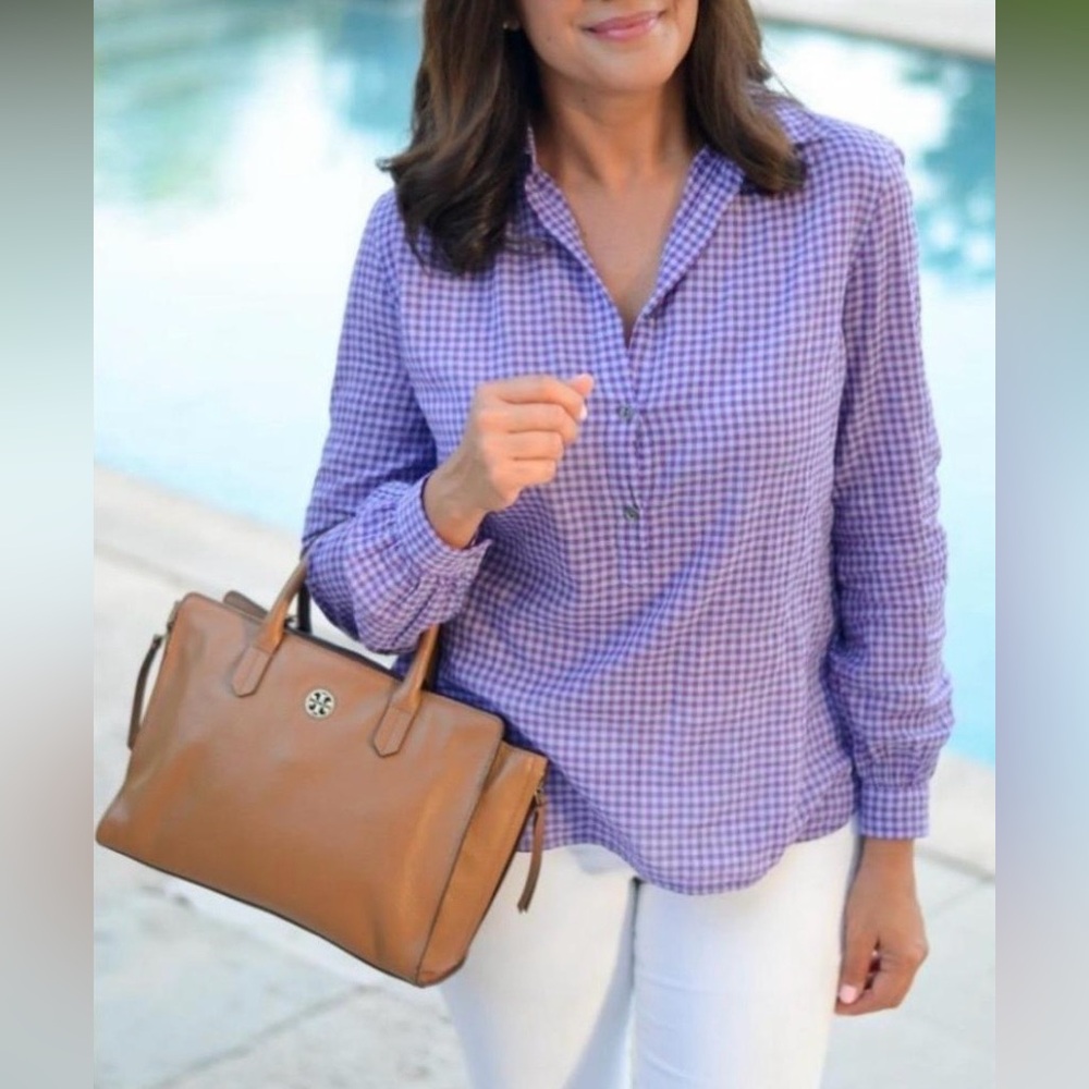 J. Crew Purple Gingham Popover Button Down Tunic Shirt Size 8